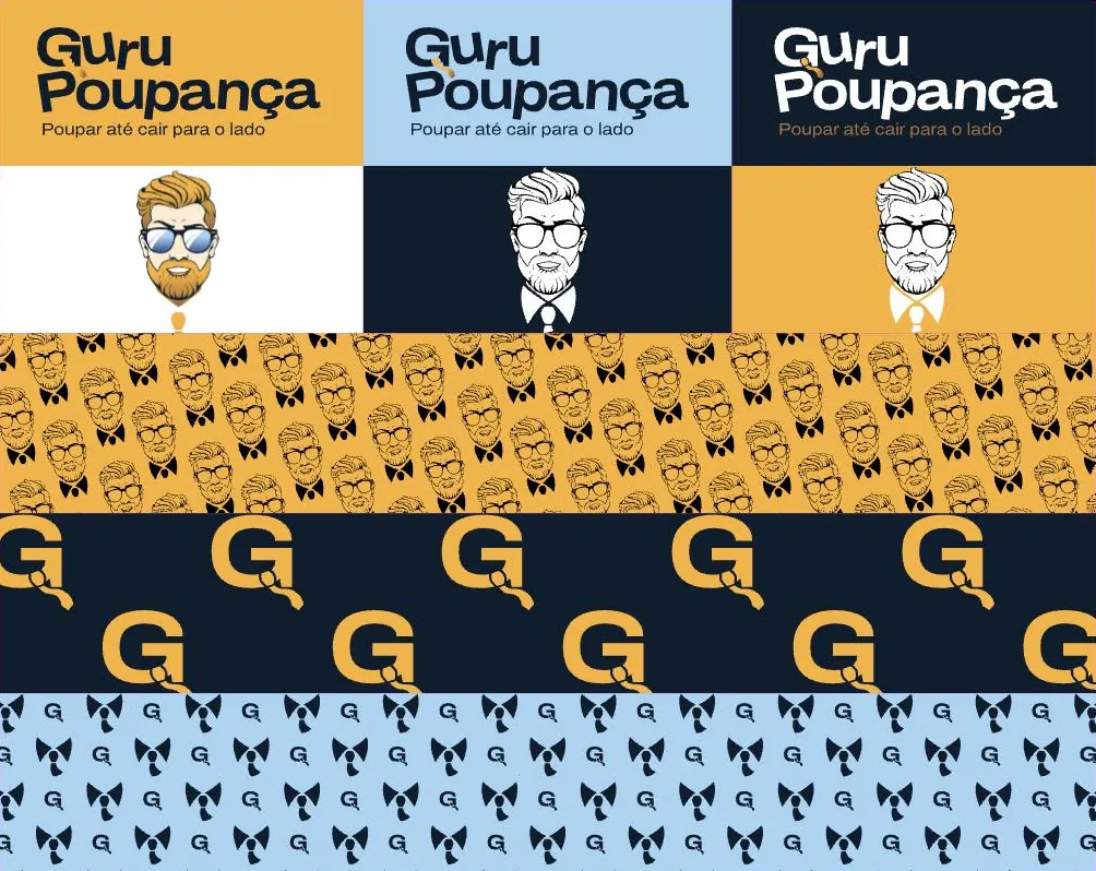 Guru Poupança identity system: logo, character and patterns
