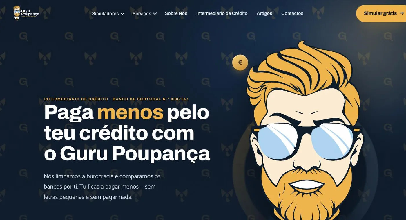 Página inicial do site Guru Poupança com a personagem